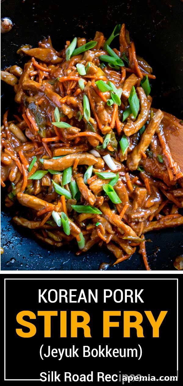 Titled image of Korean Pork Stir Fry (Jeyuk Bokkeum) with a focus on presentation.