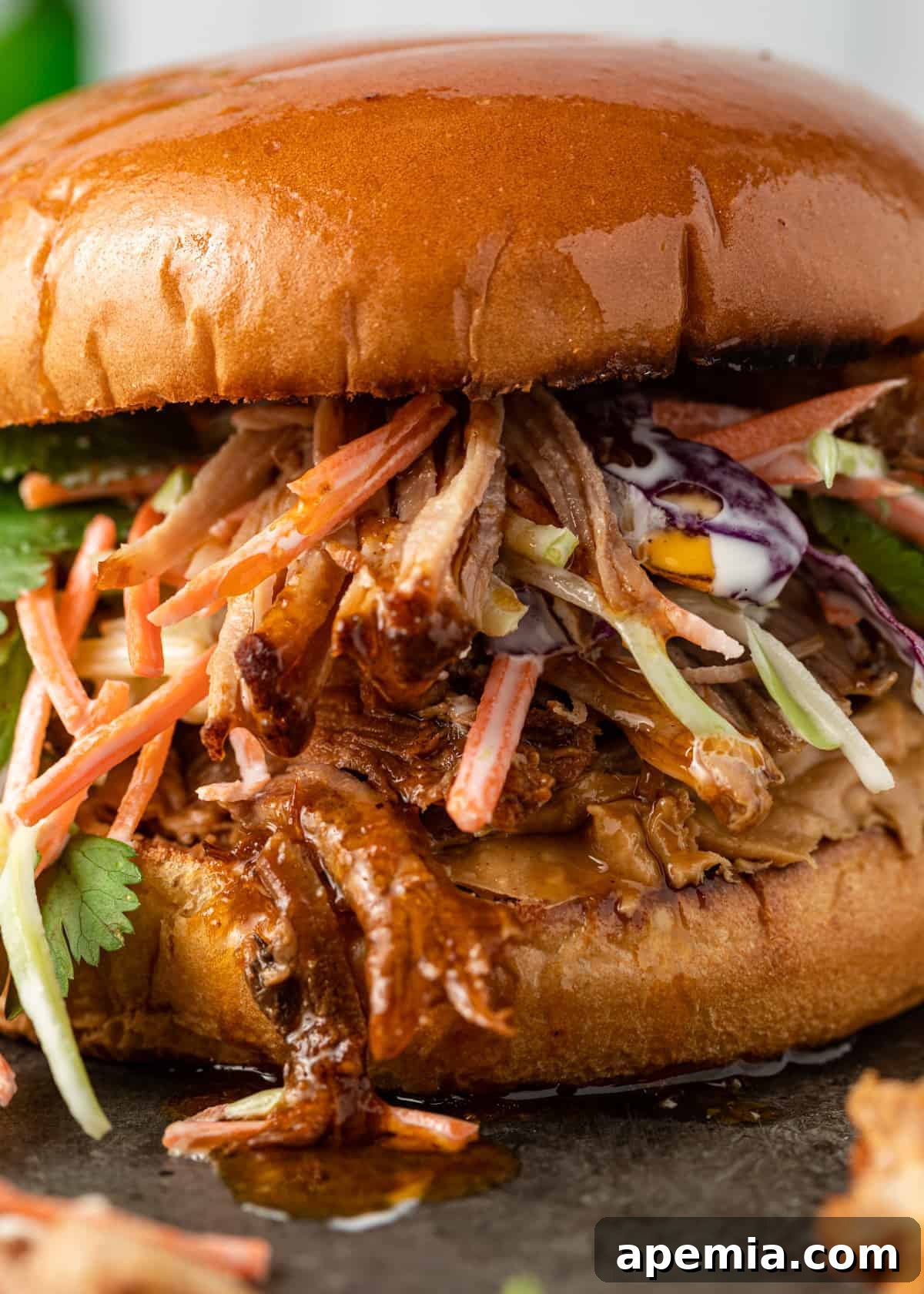 closeup of asian pulled pork slider