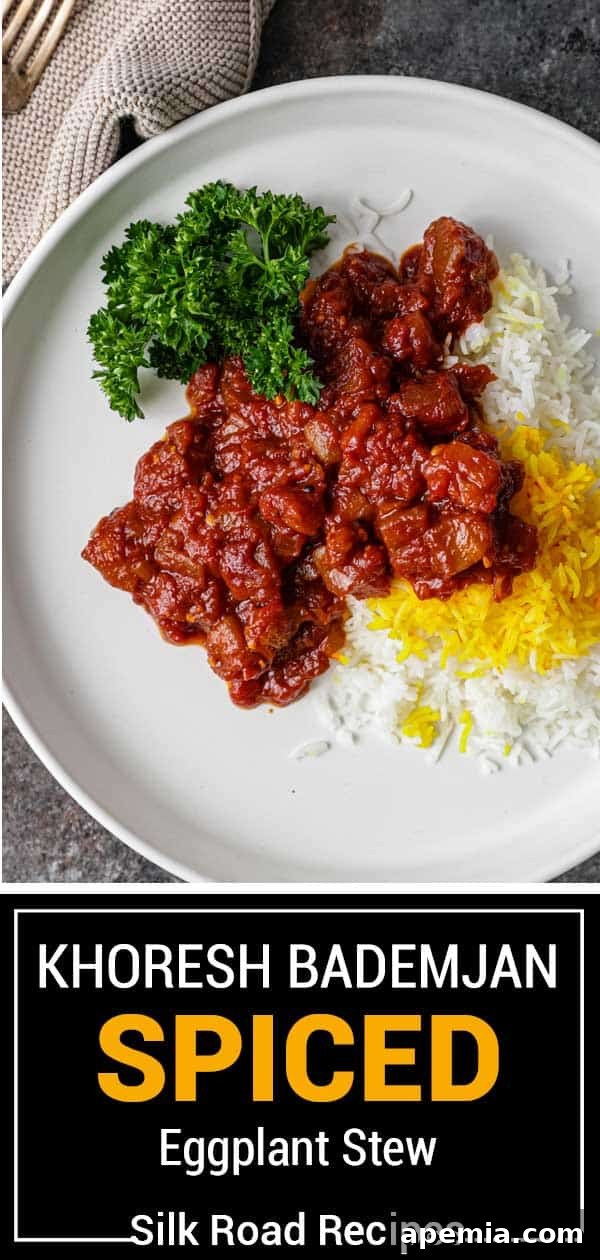 titled image (and shown): khoresh bademjan spiced eggplant stew