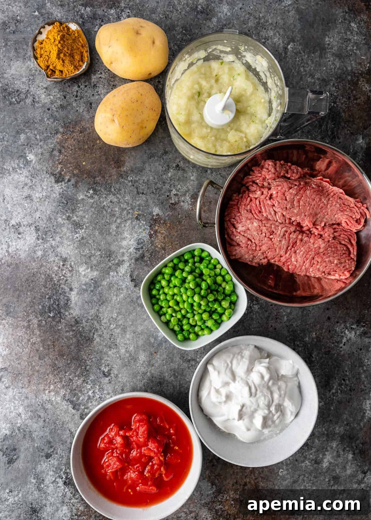 overhead: ingredients for keema matar recipe