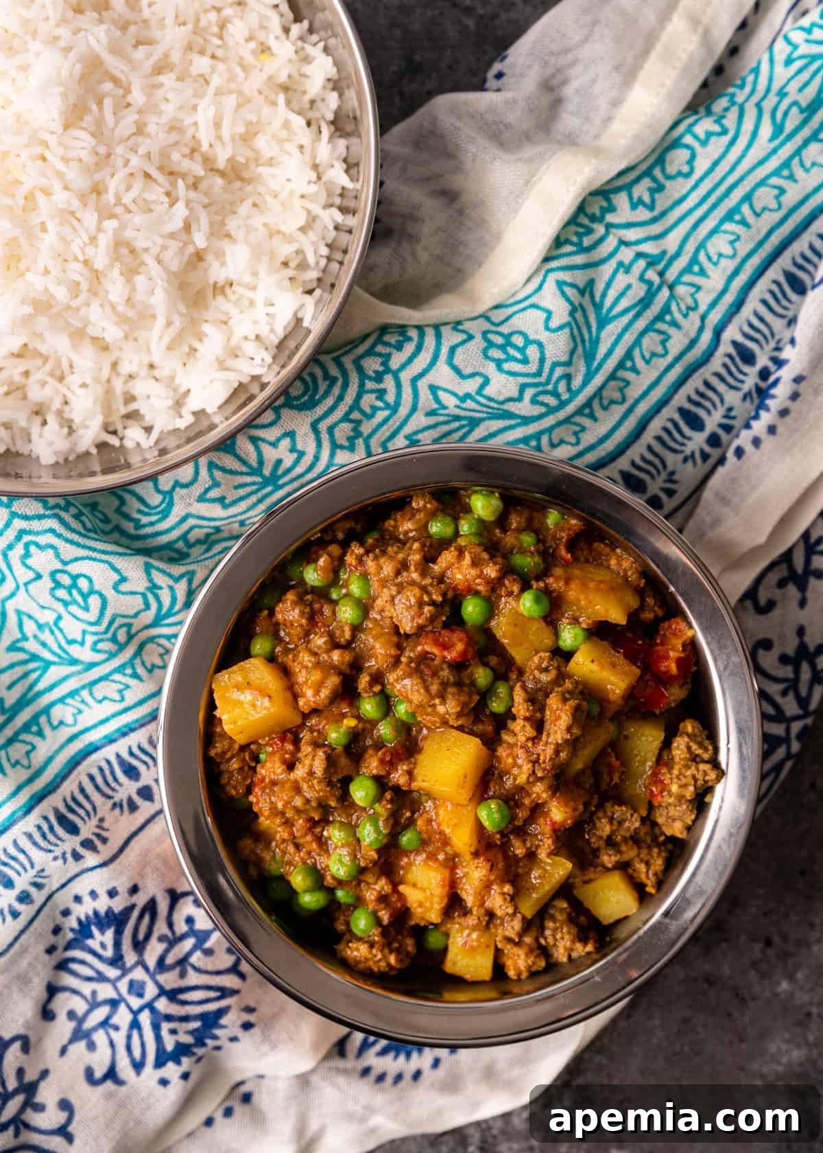 overhead: serving of keema matar curry in bowl