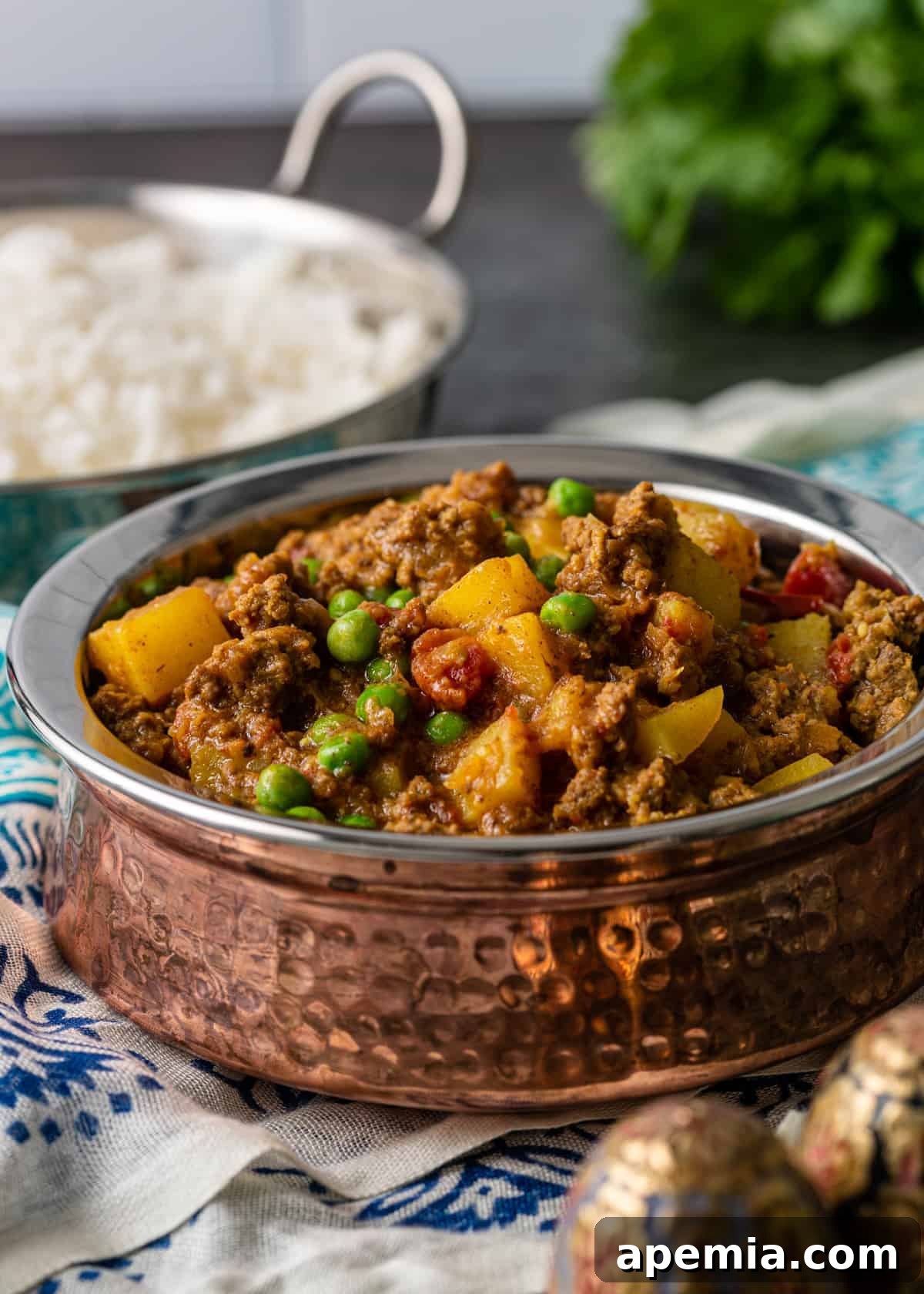 dish of keema matar recipe made with ground beef stew with peas and potatoes