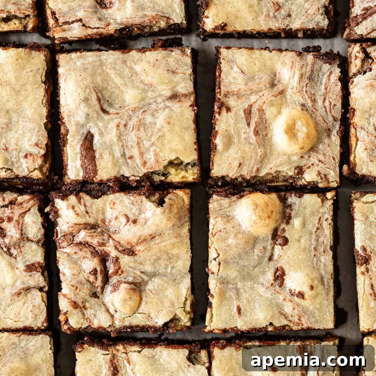 Overhead close-up of fudgy tahini brownies cut into perfect squares, showcasing the distinct tahini swirl.
