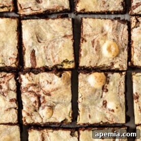 Overhead close up of tahini brownies, a delicious dessert.