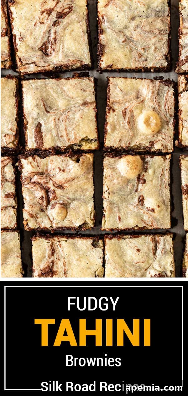 Titled image showing fudgy tahini brownies, a delicious and unique chocolate dessert.
