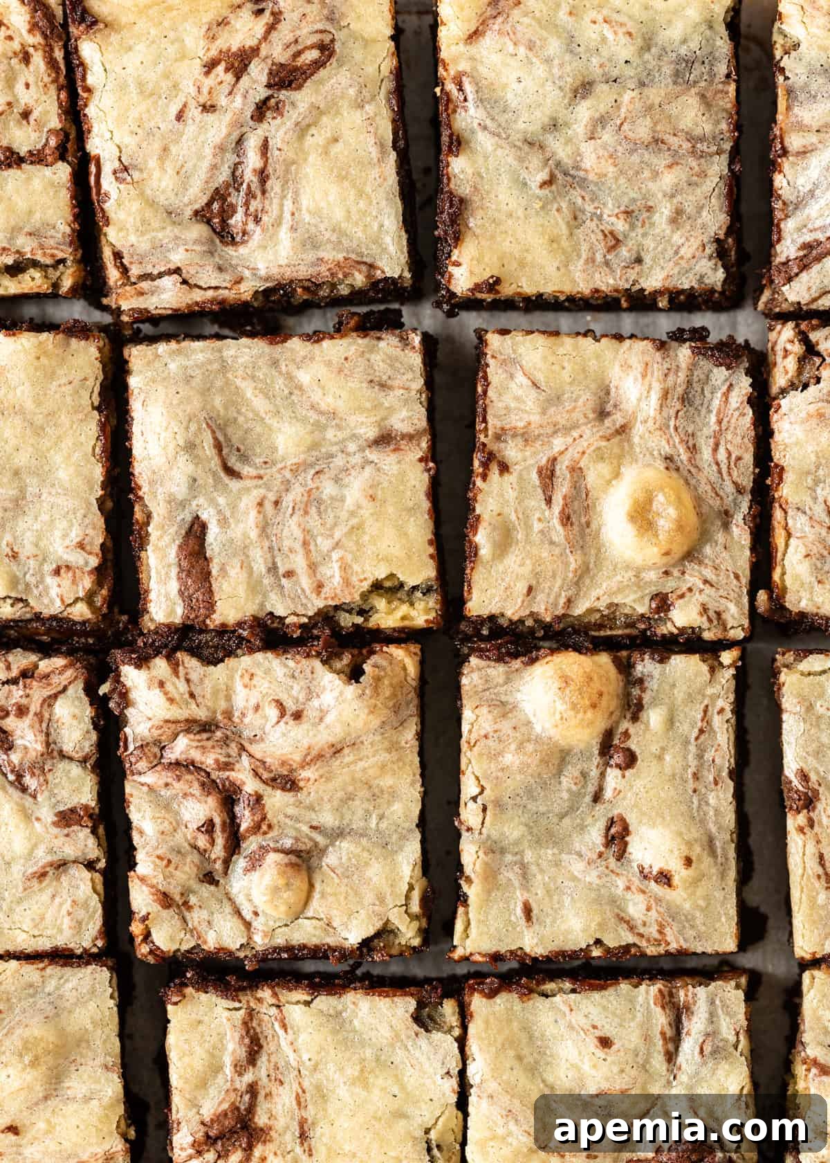 Overhead view of freshly baked tahini brownies, cooled and neatly sliced into squares, ready to be served.