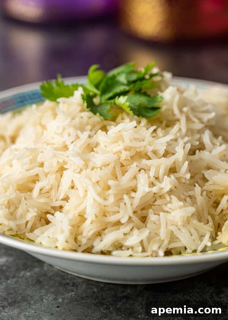 A bowl of fluffy white basmati rice, perfectly cooked and ready to be served, highlighting its soft texture.