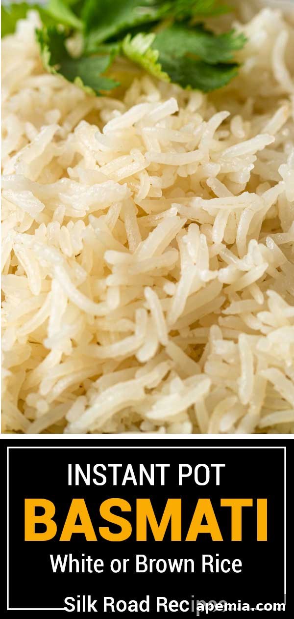 A beautiful titled image displaying 'Instant Pot Basmati Rice' with perfectly cooked rice in the background.