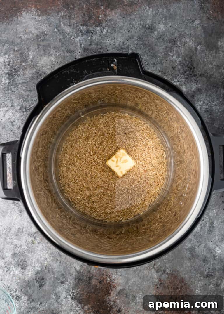 The Instant Pot lid securely in place, indicating it's ready for the pressure cooking cycle to begin for basmati rice.