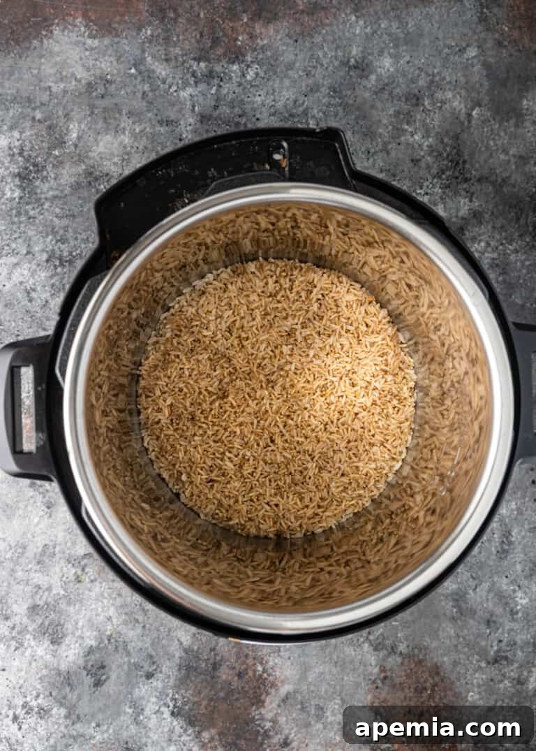 The Instant Pot displaying the 'On' or 'Cooking' indicator, showing brown rice is currently being pressure cooked.