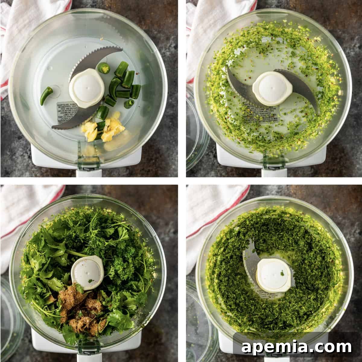 overhead process shot collage: making Israeli chili paste in a food processor