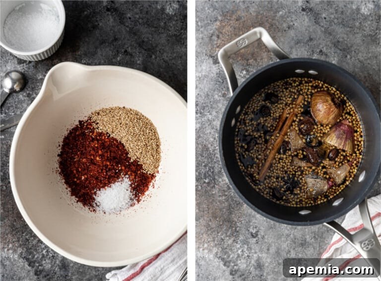 bowl of chili flake sand sesame seeds with saucepan of steeped spices in oil