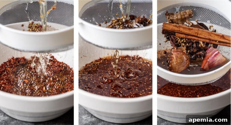 3 images of straining hot oil over chilis and sesame seeds