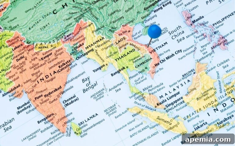 blue pin marks vietnam on map of asia