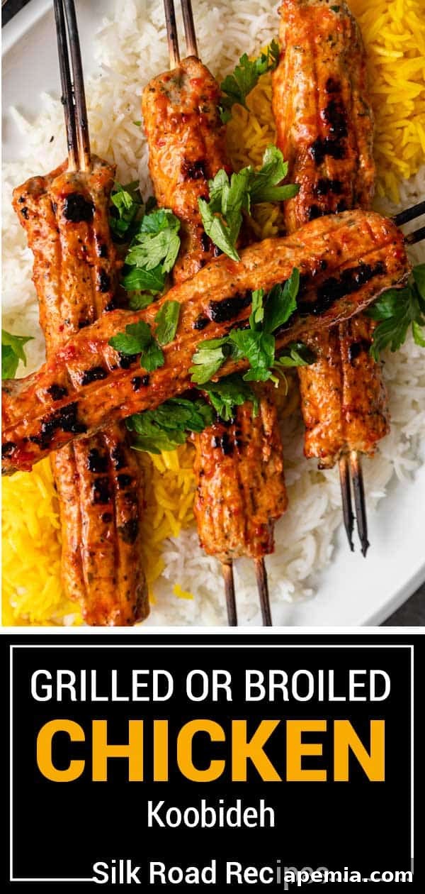 Large titled image displaying cooked Chicken Koobideh kebabs, emphasizing their deliciousness and readiness for serving.