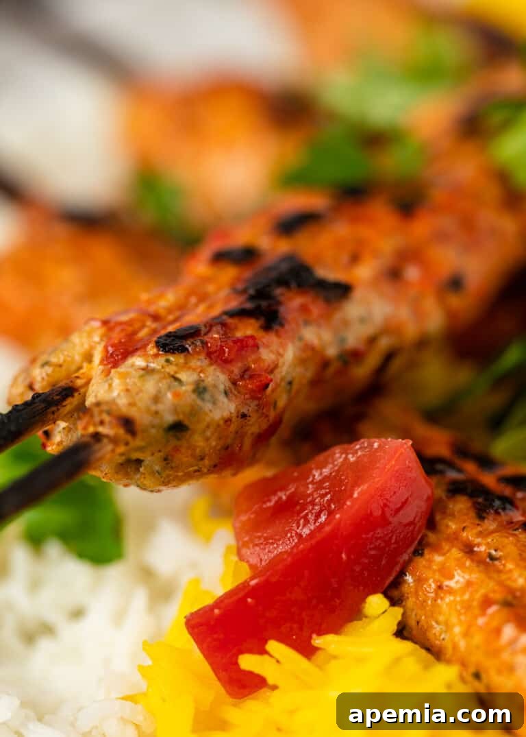 Close-up view of succulent grilled ground meat kebabs on flat skewers, showing char marks.
