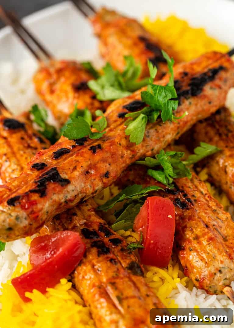 Close-up of a succulent grilled meat shish kabob, beautifully garnished with fresh chopped cilantro, ready to be served.