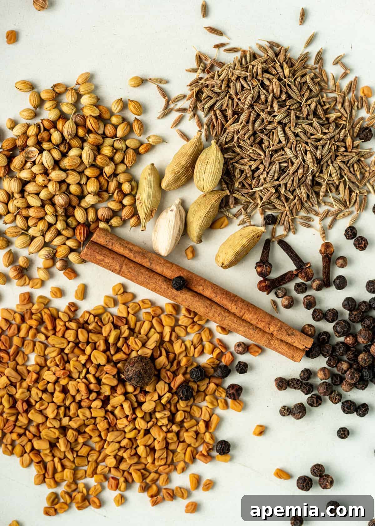 overhead: an array of fresh whole spices including cloves, cinnamon sticks, fenugreek, and others laid out to prepare a homemade berbere recipe