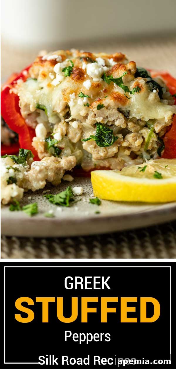 Titled image showing Greek stuffed peppers, highlighting the hearty and appetizing nature of the dish.