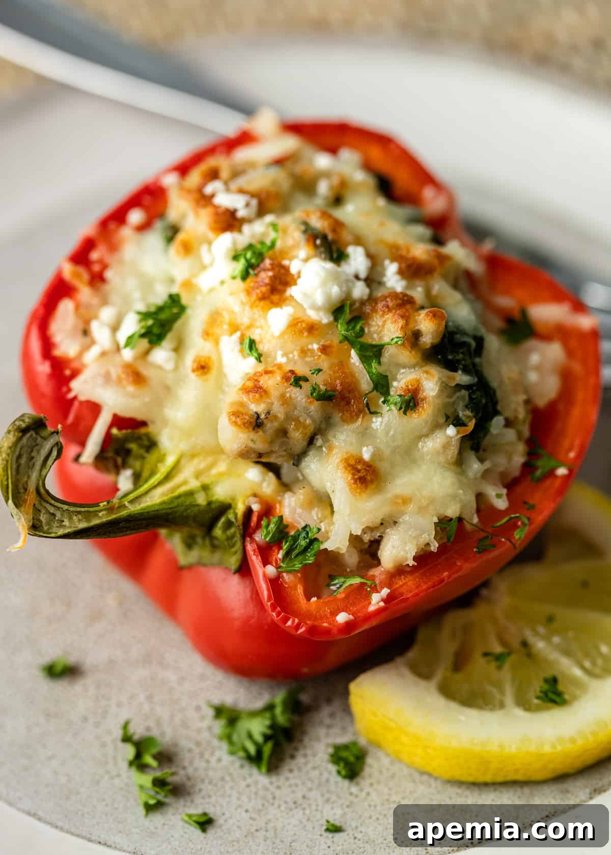 Overhead view of half a red pepper filled with cooked ground chicken, vibrant spinach, and melted cheese, ready to be enjoyed.