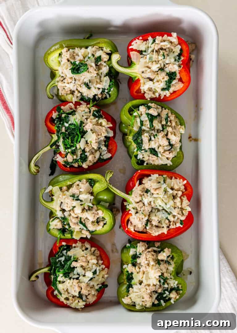 Overhead view of unbaked Greek stuffed peppers arranged neatly in a baking dish, ready for the oven.