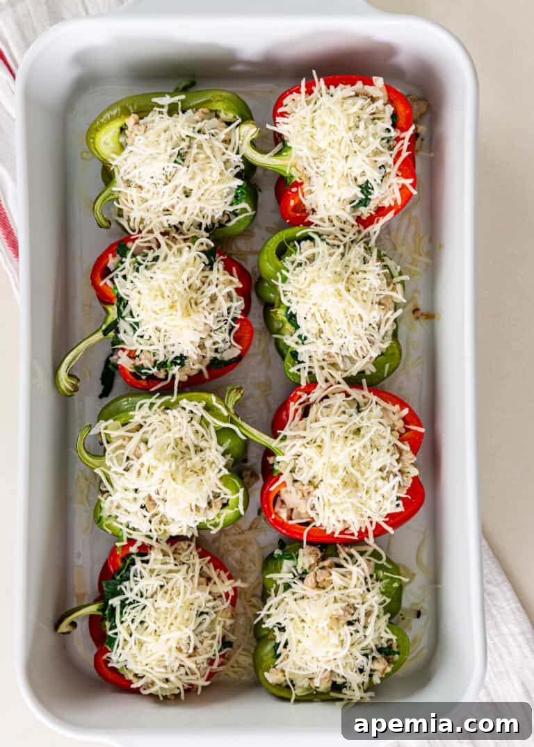 Overhead view of the process of assembling Greek stuffed peppers for baking, showing the filling being spooned into pepper halves.
