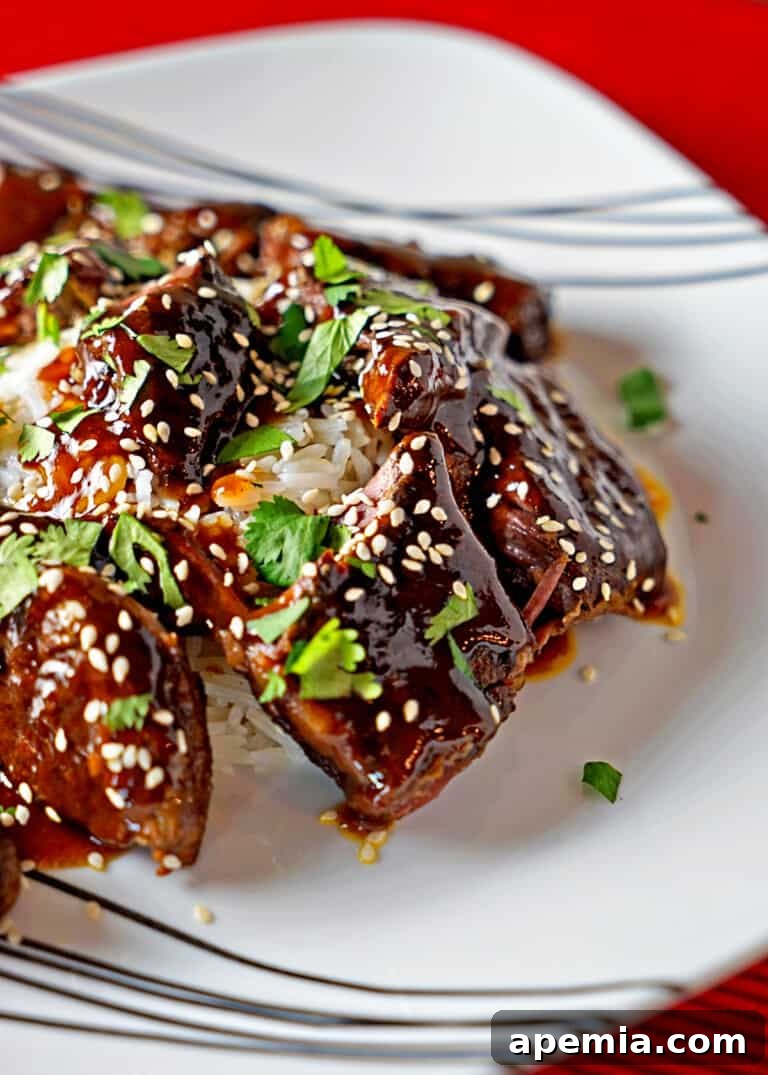 Asian short rib recipe on a white plate, showcasing the rich sauce and tender meat