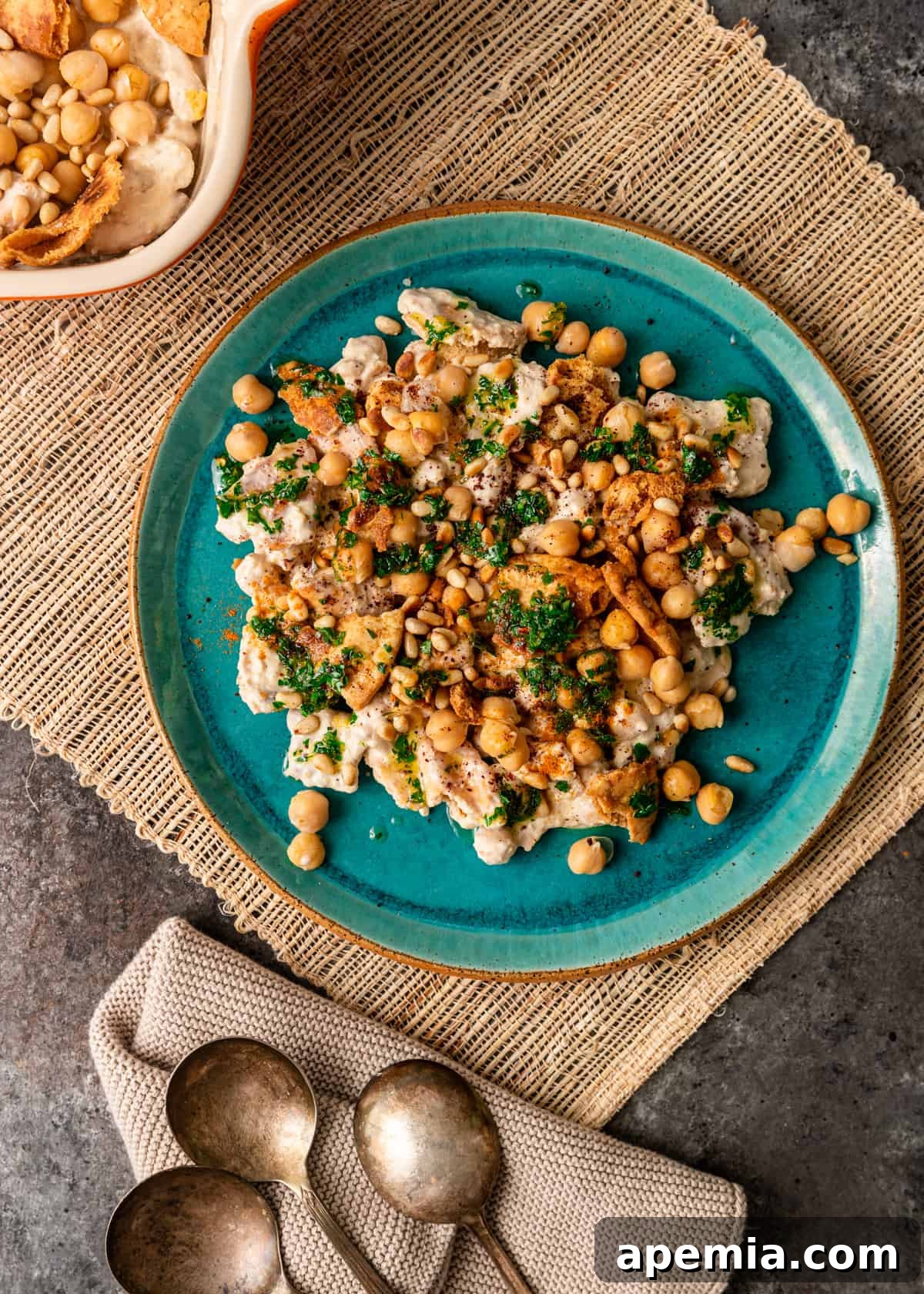 overhead: fatteh spread on plate