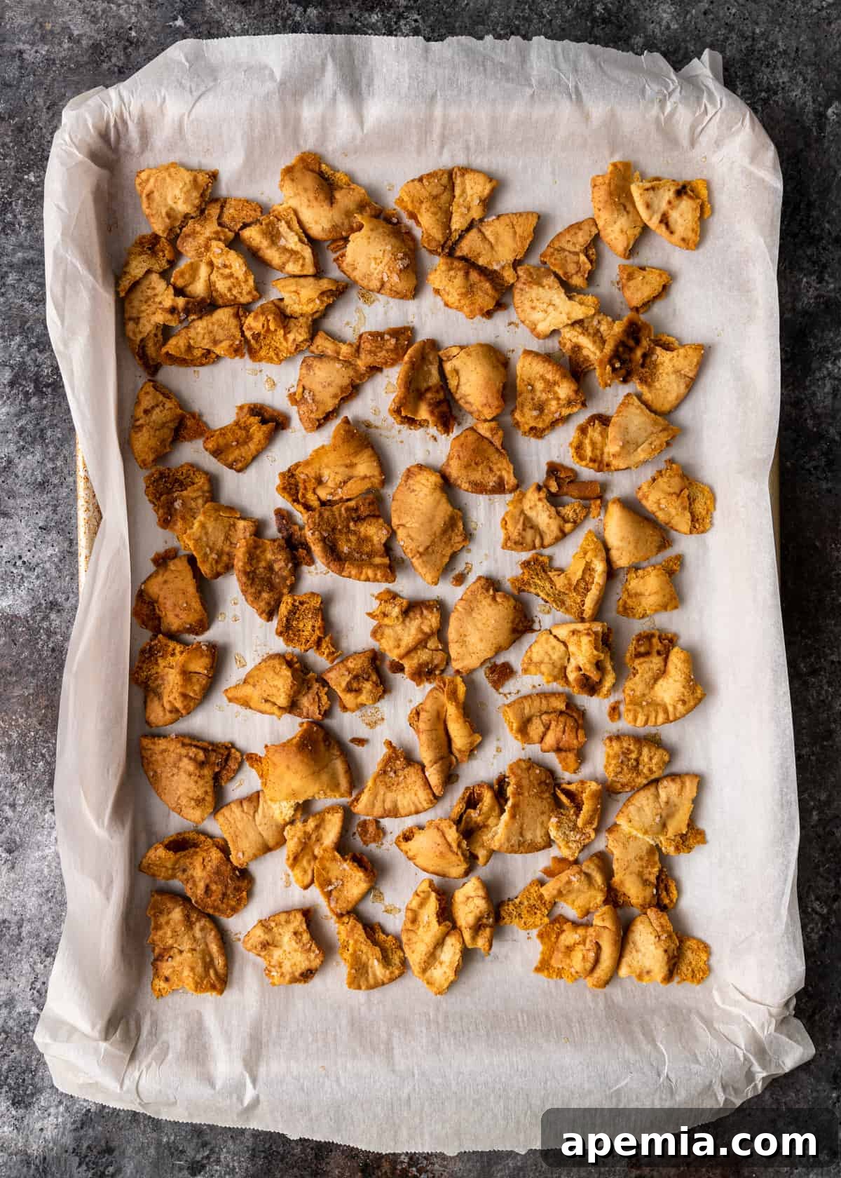 overhead process shot: pieces of crispy pita on parchment lined baking sheet