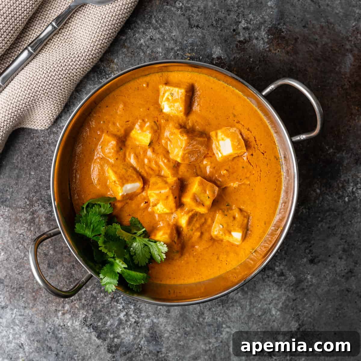 Overhead shot of a beautifully presented dish of vegetarian Paneer Butter Masala, garnished with fresh cilantro.