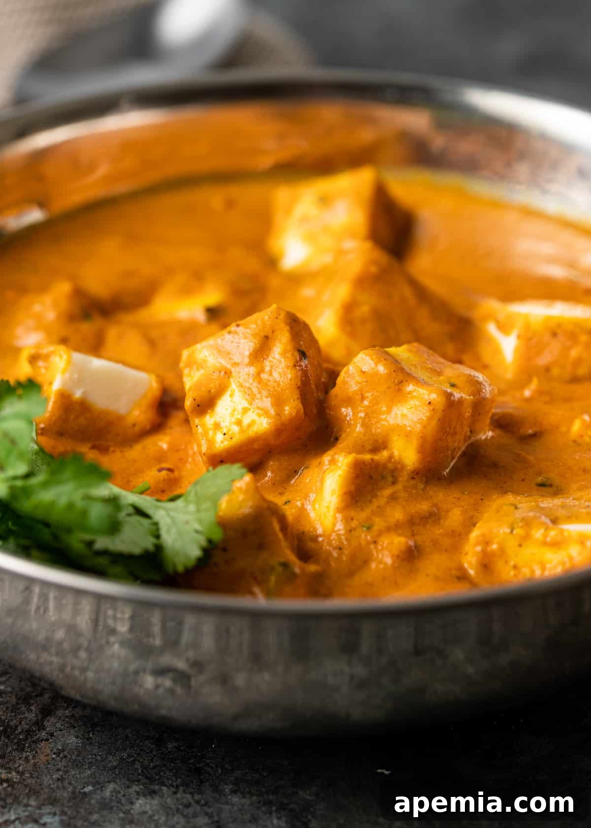Close-up shot of a bowl of Paneer Butter Masala, showing the rich, orange-hued gravy and tender paneer cubes.