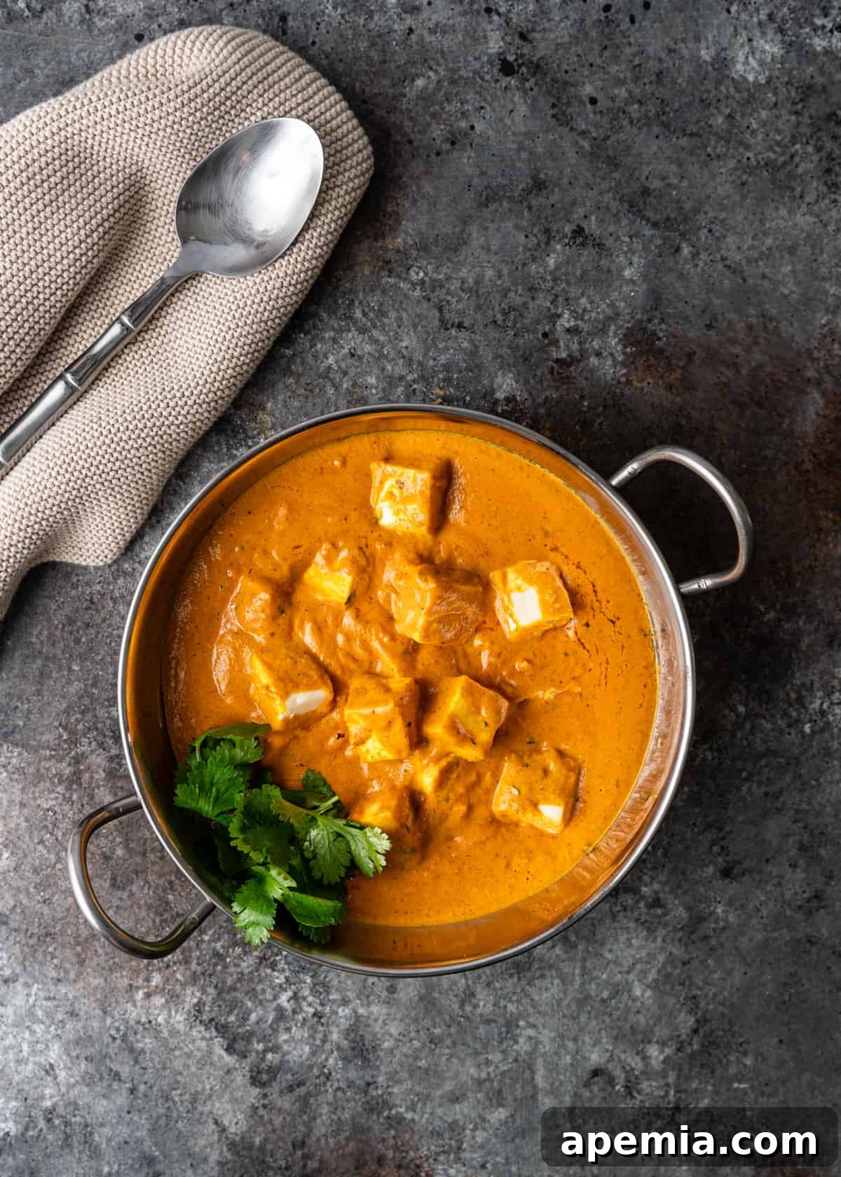 Overhead shot of a spoon resting next to a bowl of vibrant tomato and cheese curry, ready to be served.