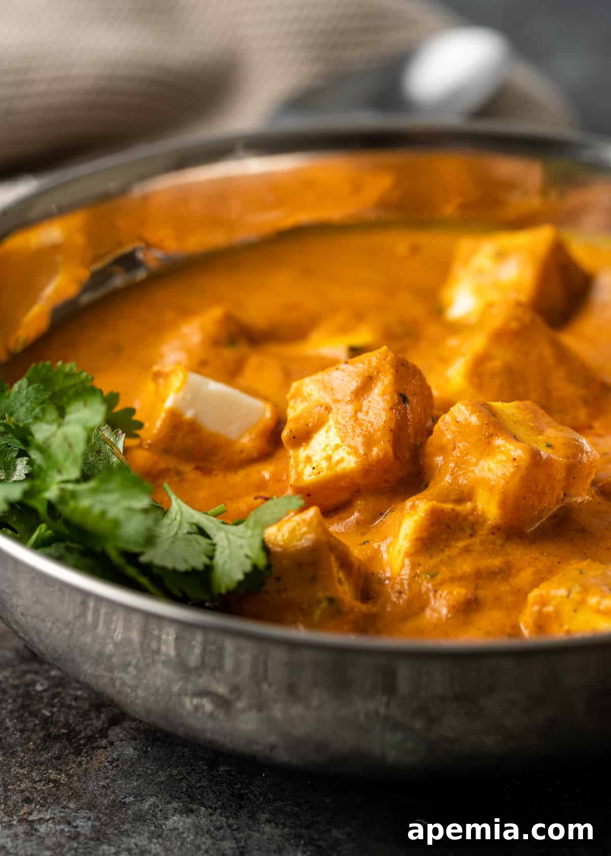 Side view of a bowl of Paneer Butter Masala, showcasing its rich texture and appetizing appeal.