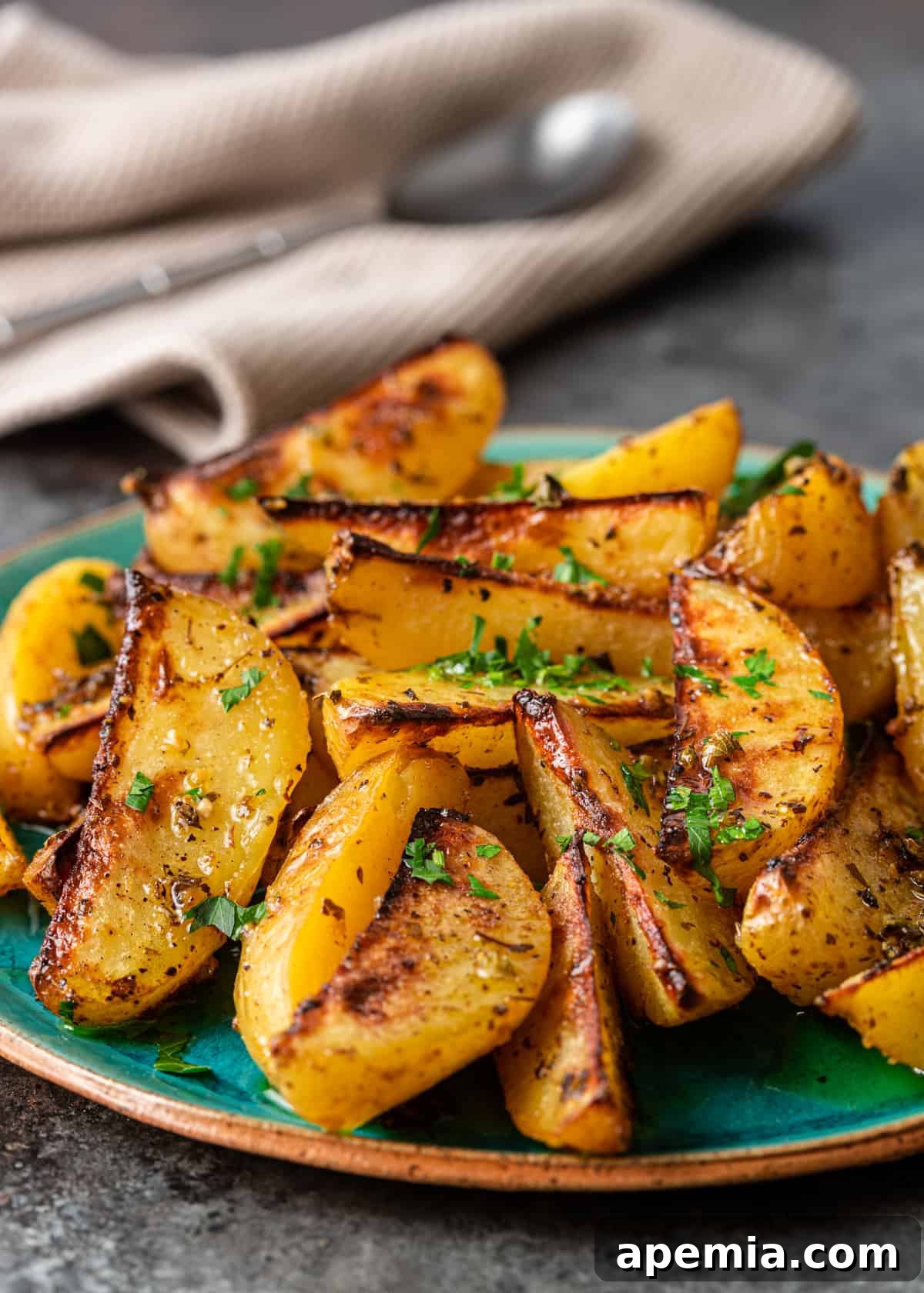side view: plate of golden lemon garlic potatoes with visible crisp edges