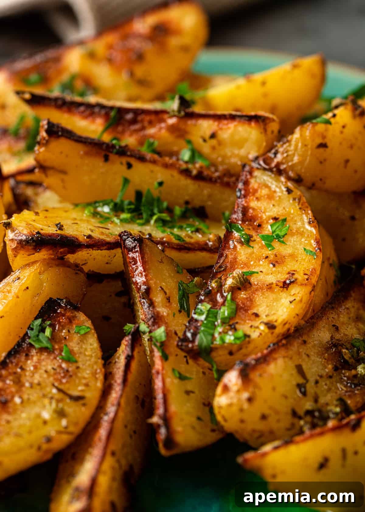 closeup: greek roasted potatoes with fresh herbs on top, ready to be served