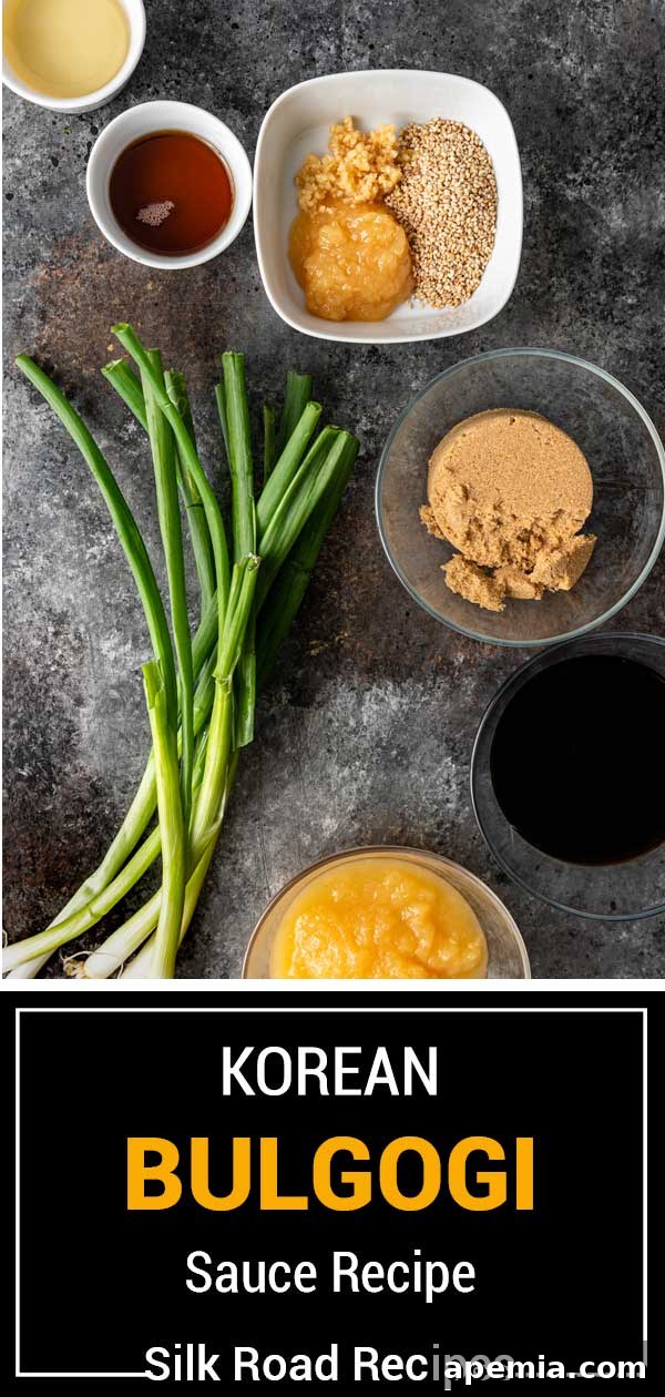 Large titled image: Homemade Korean Bulgogi Sauce recipe, showing the sauce in a bowl with ingredients.
