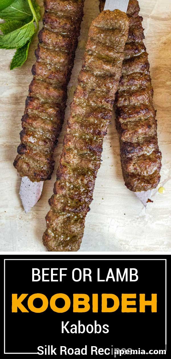 Stacked Koobideh kabobs on a platter, showcasing their rich texture and golden-brown perfection, with a focus on the juicy ground beef and lamb blend.