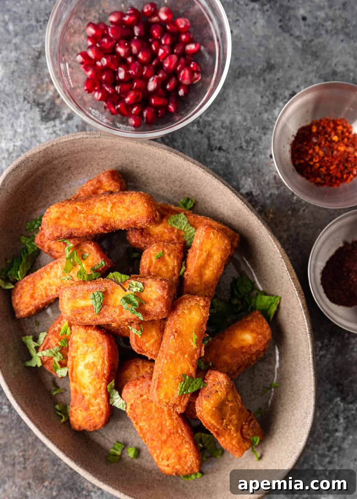 Overhead view of a freshly cooked batch of crispy halloumi fries cooling on a platter lined with paper towels.