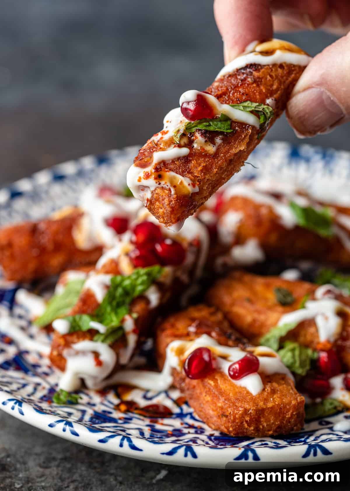 Closeup: a hand holding a single halloumi fry, perfectly golden, with a dollop of za'atar yogurt and pomegranate seeds in the background.