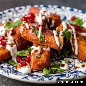 Plate of halloumi fries with toppings yogurt, pomegranate seeds and mint