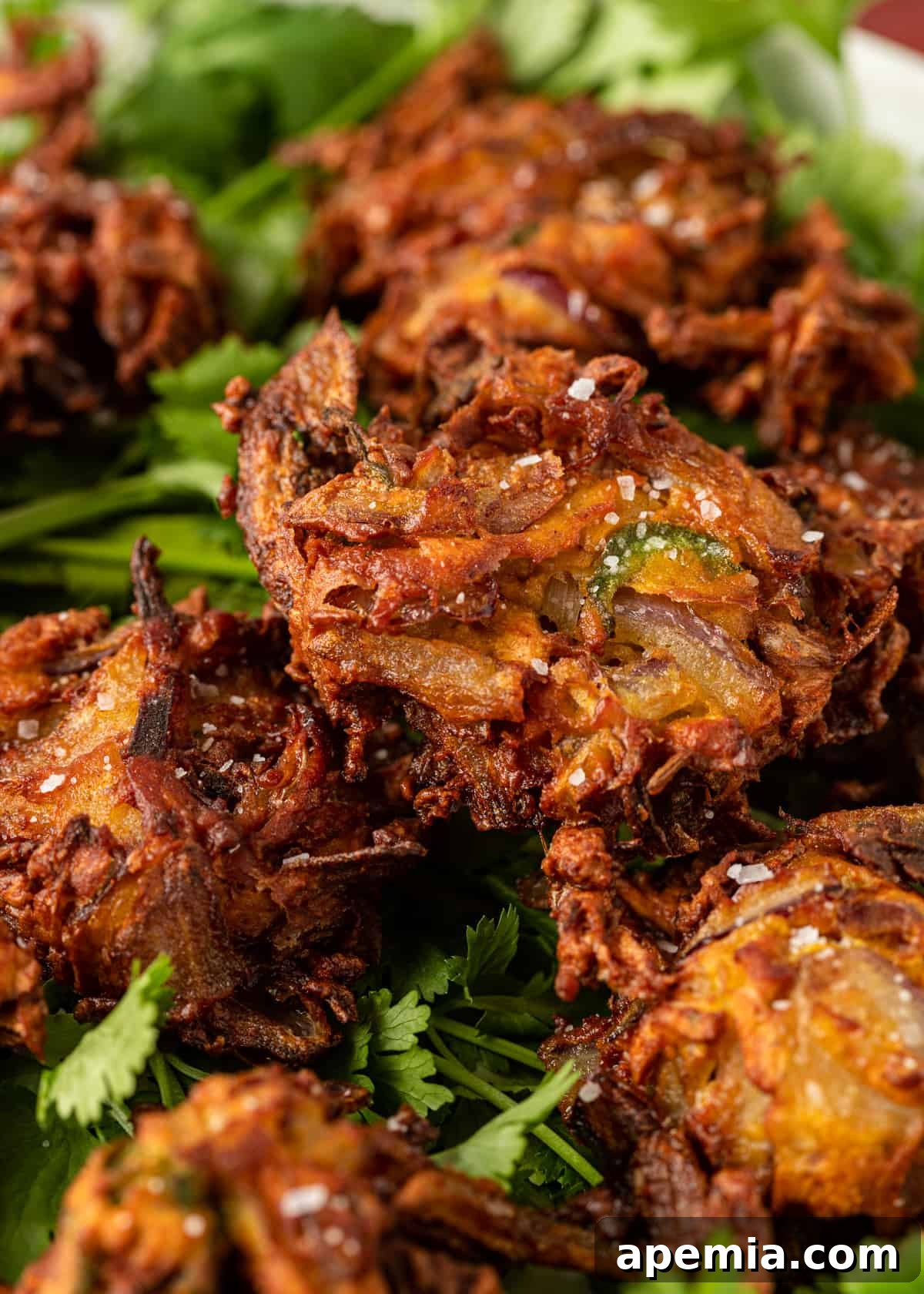 Extreme closeup of a perfectly fried, golden brown Onion Pakora, highlighting its texture