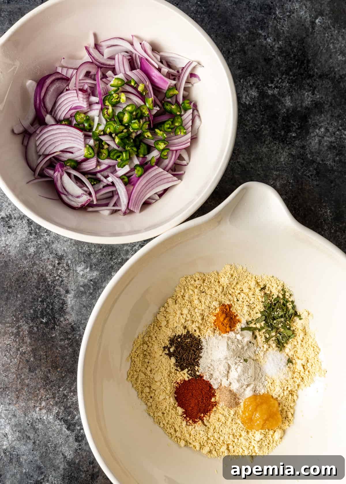 Overhead shot of all the fresh ingredients perfectly laid out to make Onion Pakora