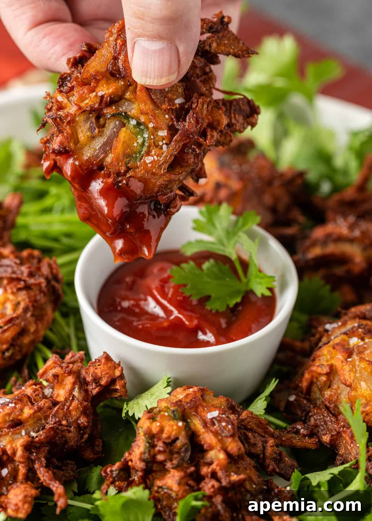 Closeup shot of an Onion Pakora being dipped into a flavorful sauce