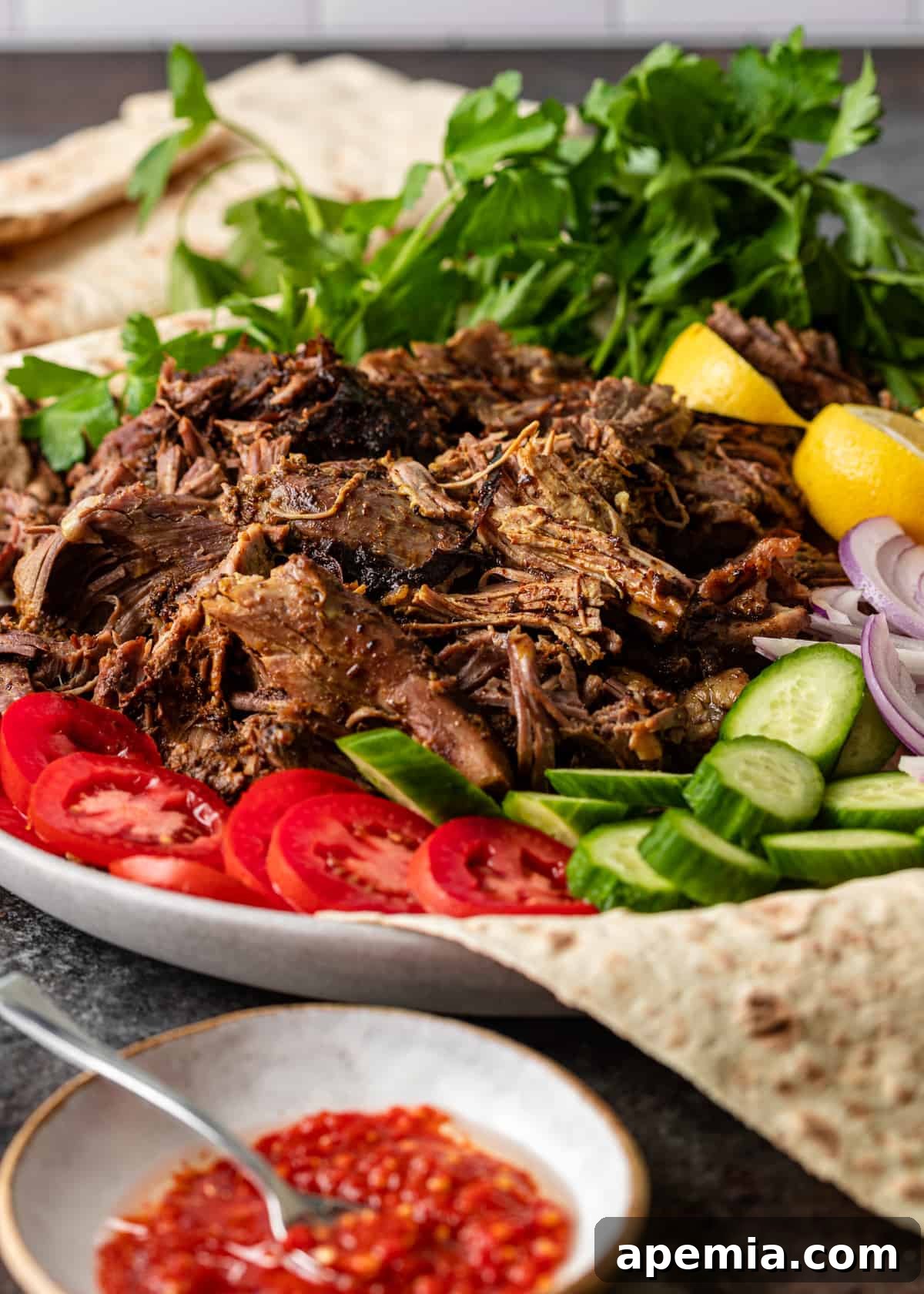 Close-up view of a plate featuring shredded lamb shawarma, garnished with fresh herbs and ready-to-eat toppings.