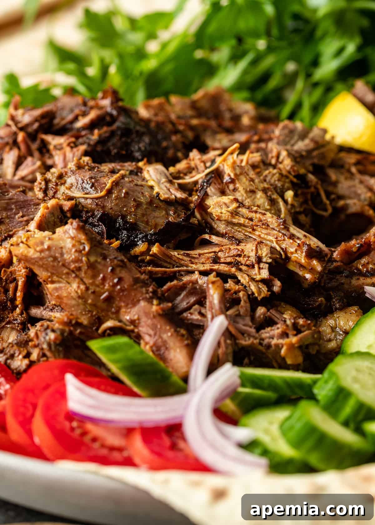 Extreme close-up shot of shredded lamb shawarma beautifully arranged on a platter, accompanied by fresh cucumber slices and ripe tomatoes.