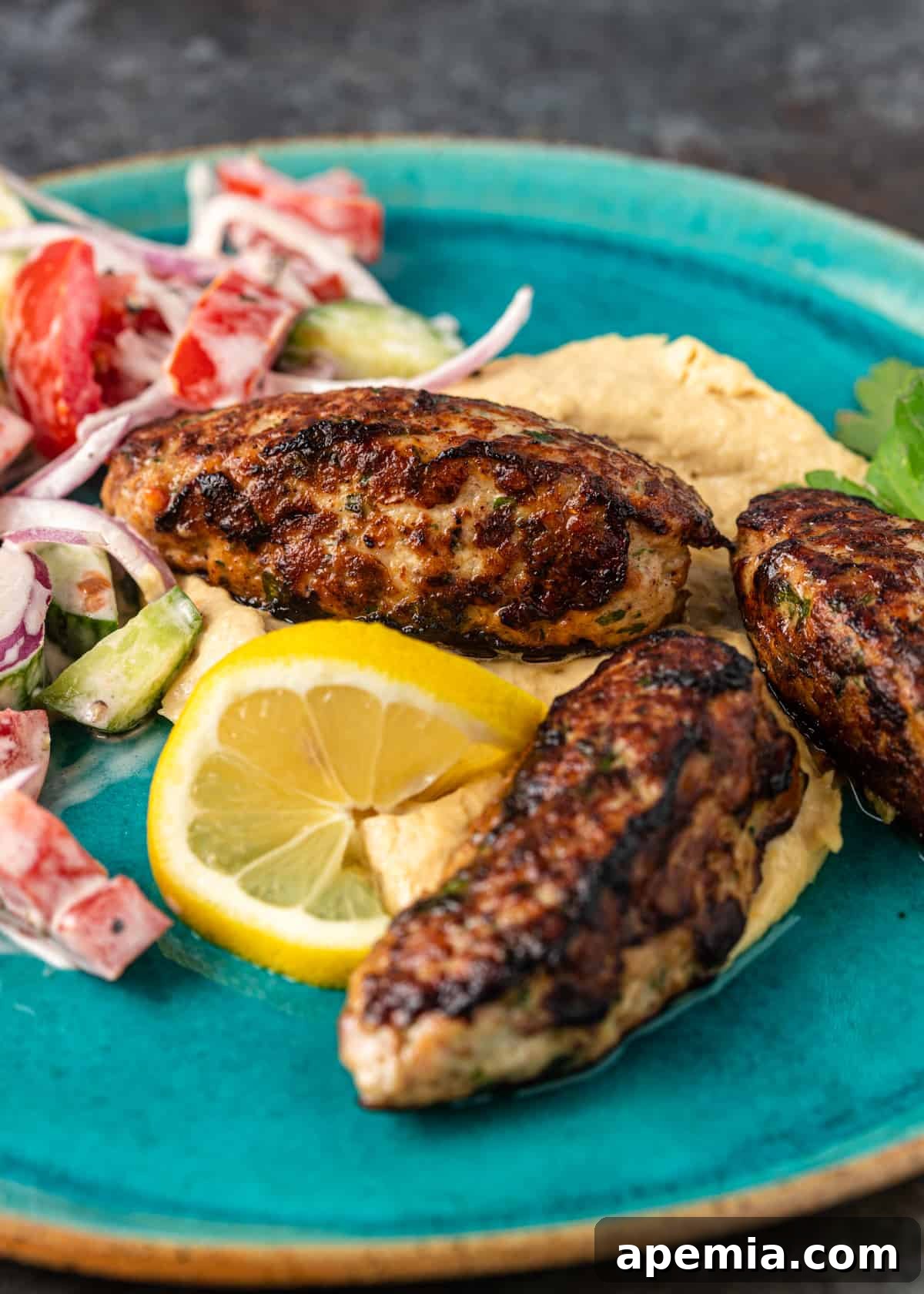 closeup: chicken kofta recipe on a plate of hummus and salad