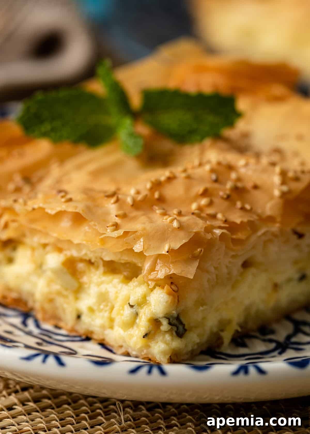 An extreme close-up view of a baked Greek cheese pie (Tiropita) on a plate, highlighting the crispy, golden-brown phyllo pastry and bubbling cheese filling.