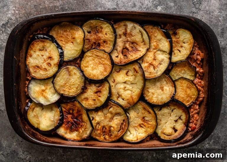 The second layer of cooked eggplant slices meticulously placed over the meat sauce in a moussaka.