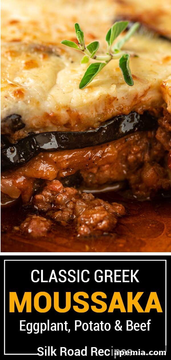 Classic Greek Moussaka with perfectly layered eggplant, potato, and beef, topped with creamy béchamel, ready to serve.