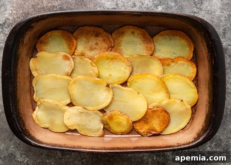 A bottom layer of neatly sliced, cooked potatoes arranged in a baking dish for moussaka.